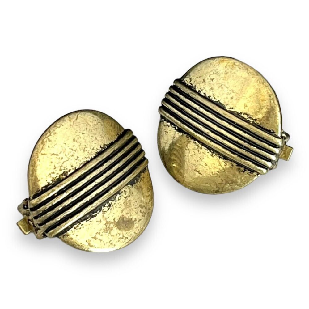 Vintage 1980s Clip Earrings Antique Gold Tone Classic Button - 6U